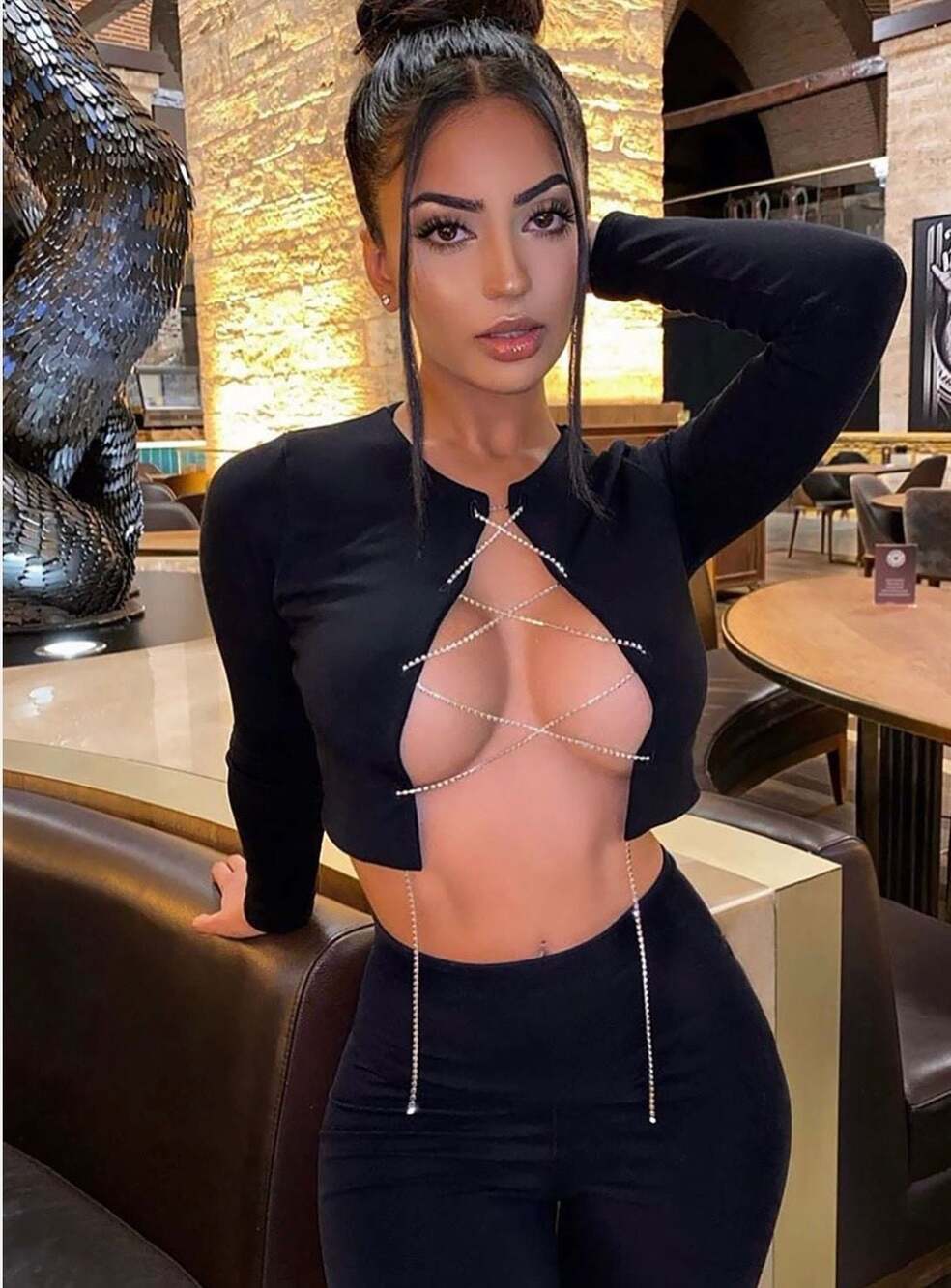 Fashion Nova Black Long Sleeve Crop Top with Rhinestone Lace-Up Detail